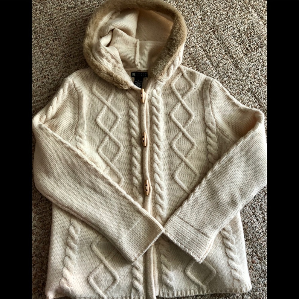 Carole Little Cream Cable Knit Hooded Cardigan with Faux Fur Trim